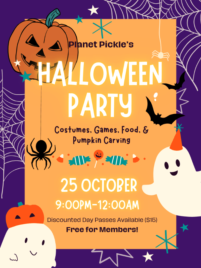 Colorful Halloween party flyer with pumpkin, ghosts, spider, and bats. Event details: 25 October, 9PM–12AM, Planet Pickle, costumes, games, food, pumpkin carving, free for members.