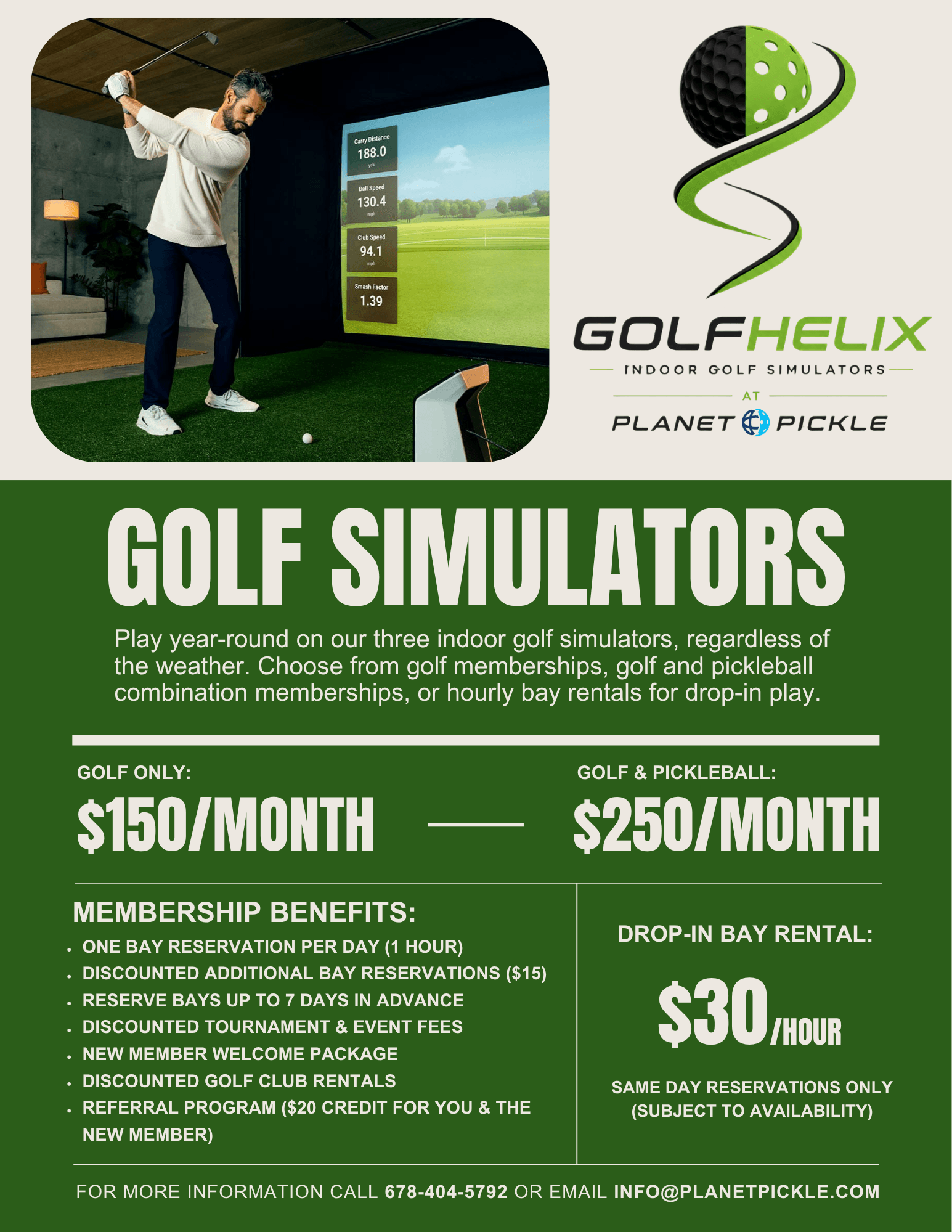 Man swinging a golf club in an indoor simulator; price list and membership details for Golf Helix indoor golf simulators at Planet Pickle displayed.
