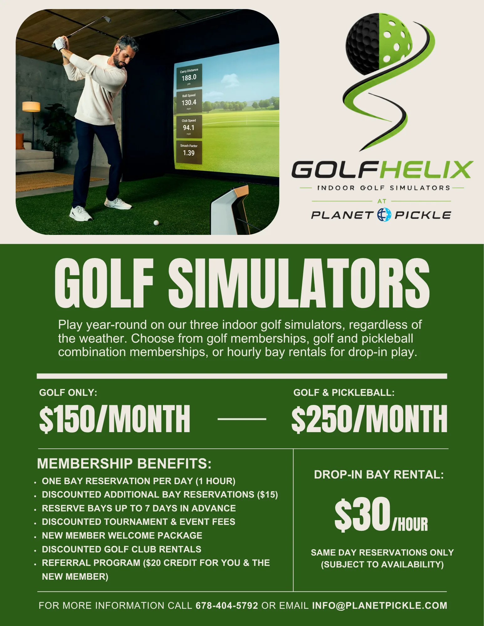 Man swinging a golf club in an indoor simulator; price list and membership details for Golf Helix indoor golf simulators at Planet Pickle displayed.