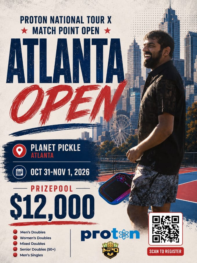Promotional poster for the Proton National Tour X Atlanta Open pickleball tournament, held October 31–November 1, 2026, at Planet Pickle, with a $12,000 prize pool and a QR code for registration.