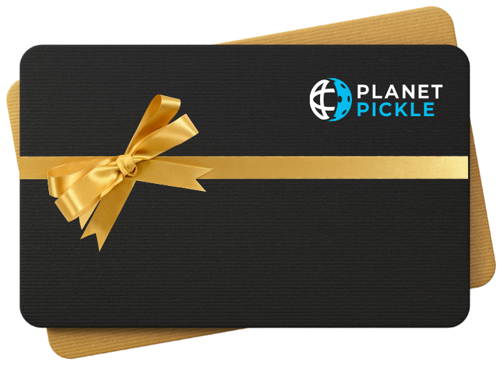 Pickleball 6 Gift card with a golden ribbon and bow, featuring the Planet Pickle logo in the top right corner, perfect for pickleball enthusiasts.