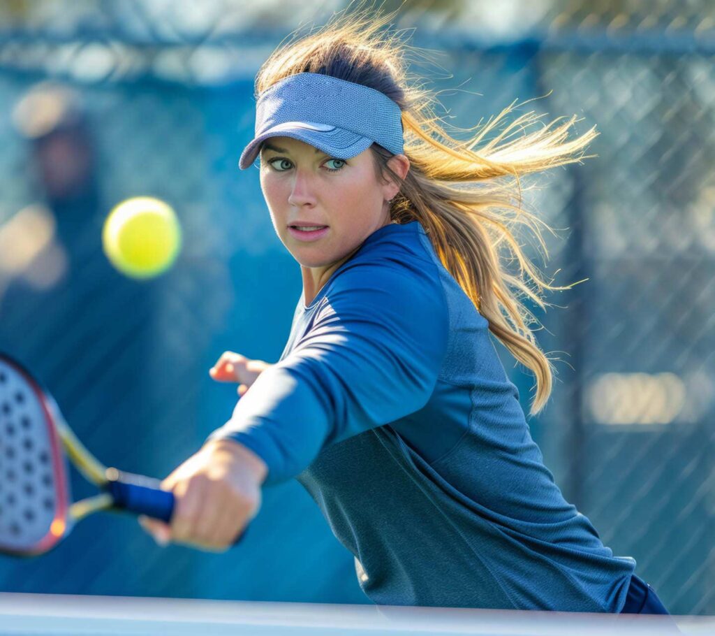 Pickleball 9 A person in a blue shirt and visor is intensely focused, expertly stepping into position to hit a yellow tennis ball with their racket, demonstrating the coordination and skill needed for a match, as seen on an event calendar for global competition.