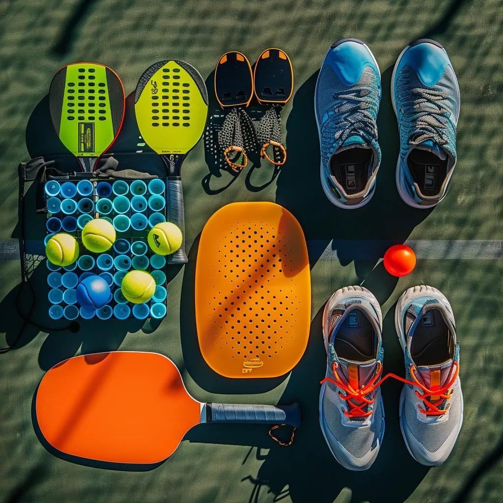How to Play Pickleball: A Beginner’s Guide 4 Essential pickleball equipment for beginners, including paddles, balls, and footwear arranged on a court surface