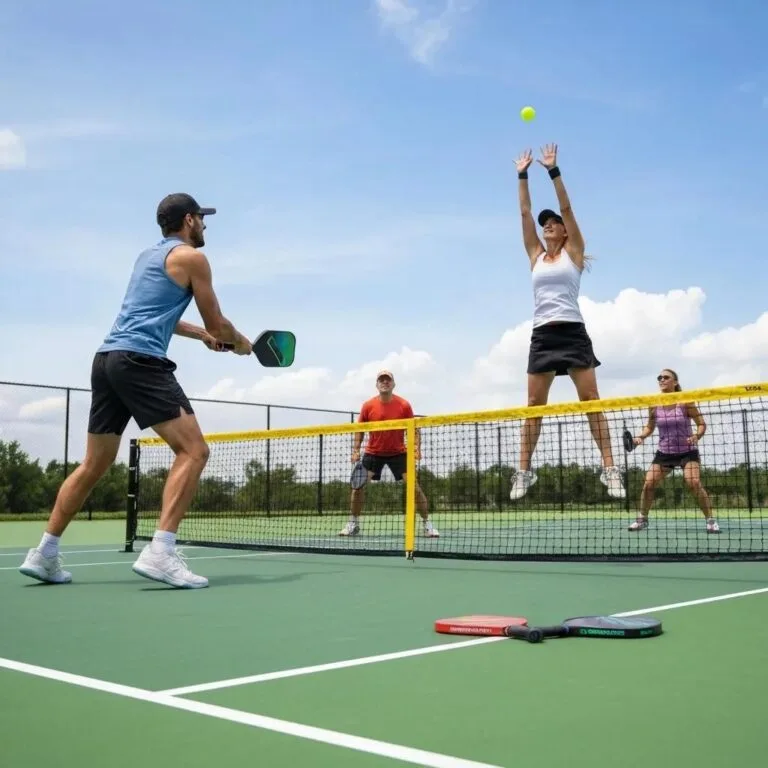 Pickleball court setup with players in action, highlighting court dimensions and equipment
