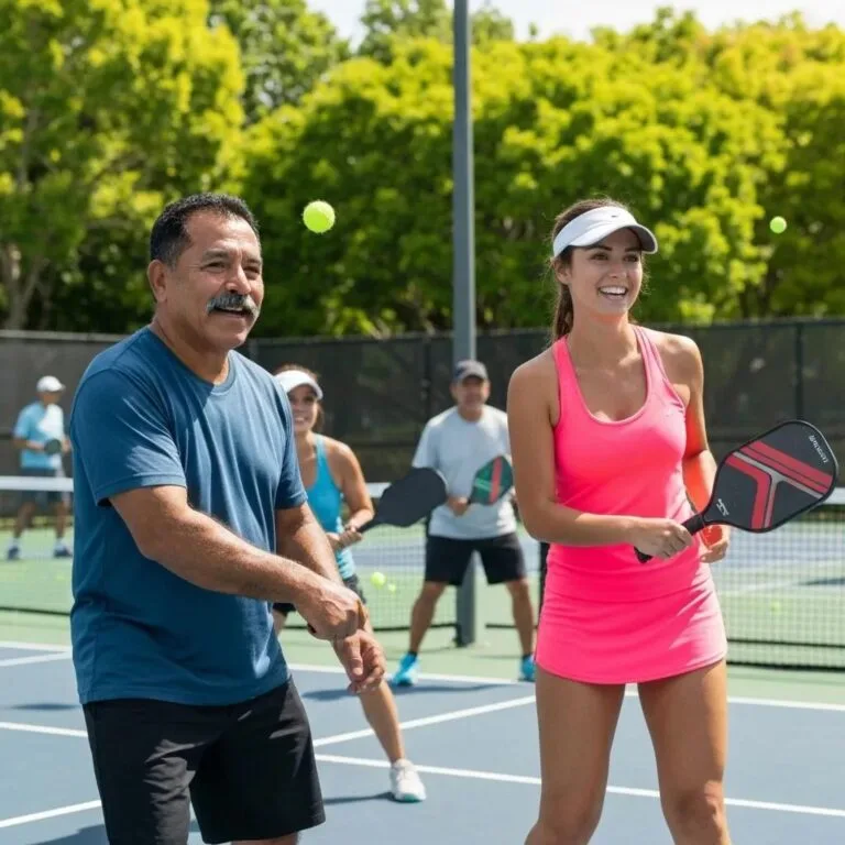 Diverse group of people playing pickleball outdoors, showcasing the sport's popularity and community spirit