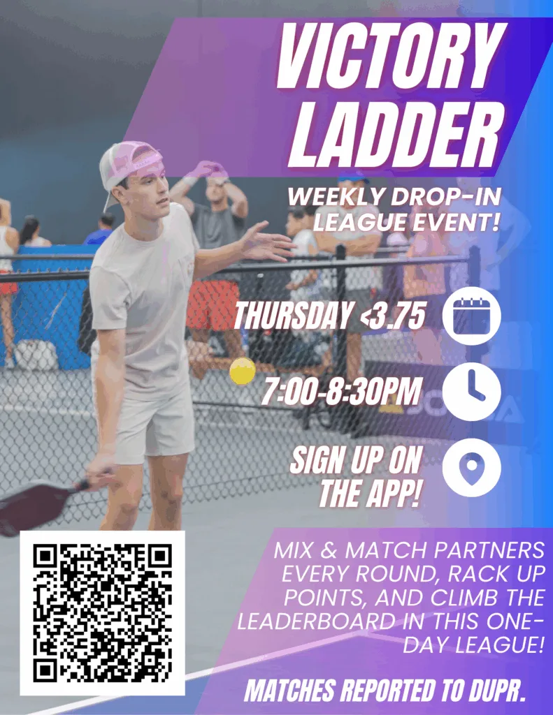 Home 13 Two people play pickleball indoors, with "Oct Slide 01" highlighting a weekly drop-in league event. Event details, QR code, and scheduling info are overlaid on the image.