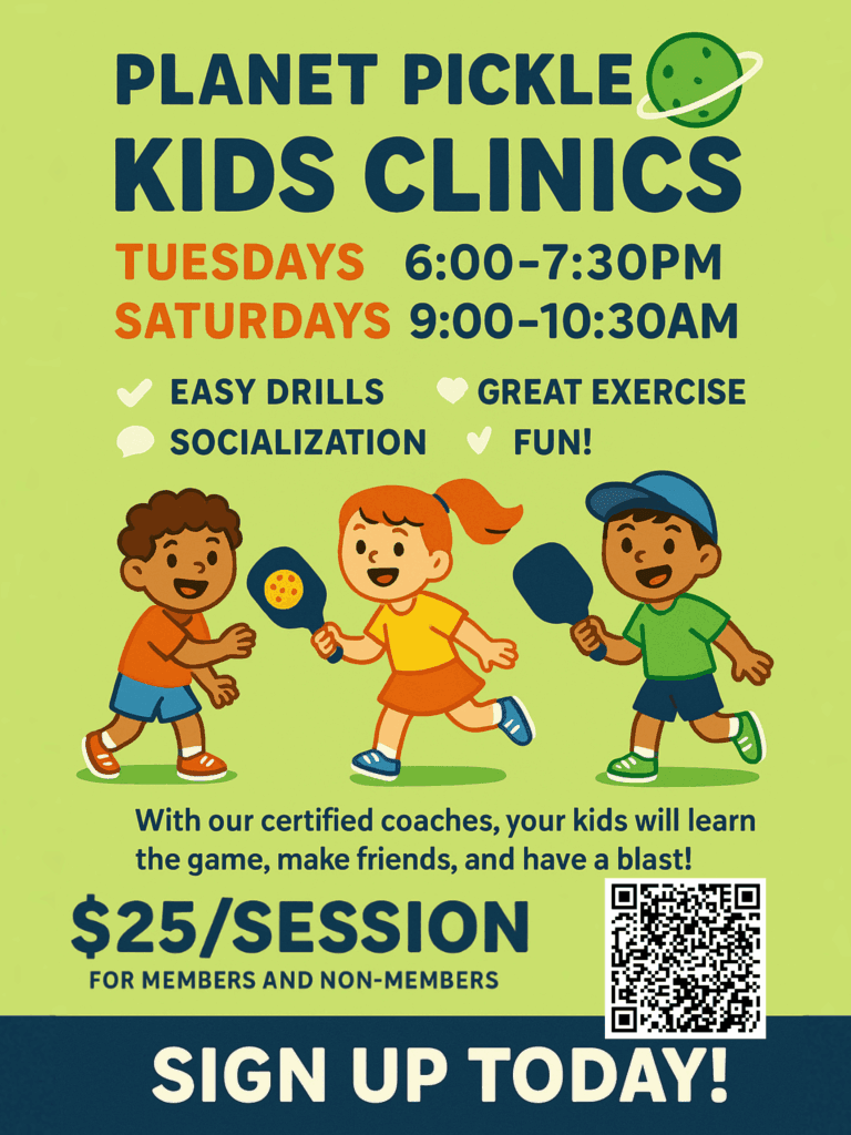 Home 17 Three children playing pickleball are illustrated on the Oct Slide 01 flyer advertising Planet Pickle Kids Clinics, featuring session times, pricing, and a QR code for sign-up.