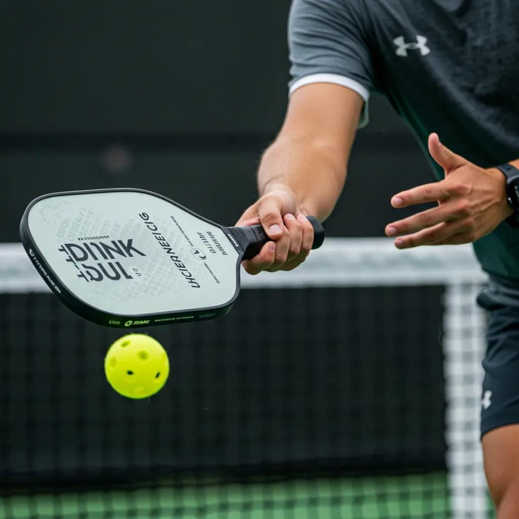 A pickleball player focused on executing a precise dink shot near the kitchen line, highlighting technique and concentration.