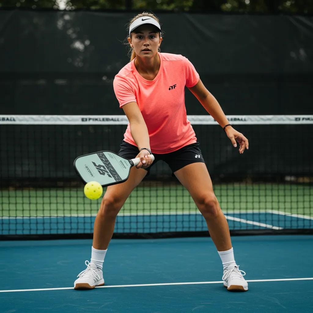 A pickleball player in a ready stance, poised to serve, emphasizing the importance of proper serve technique.