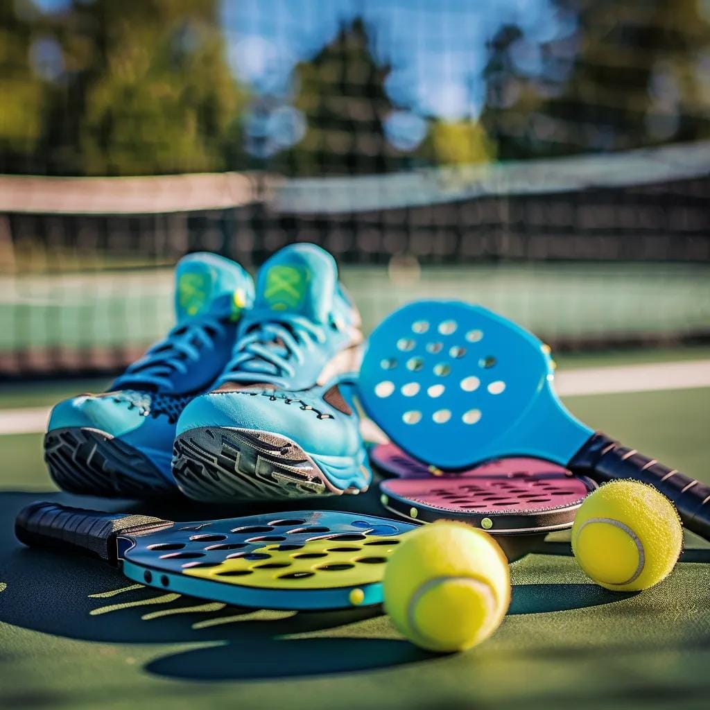Essential pickleball equipment including a paddle, balls, and court shoes on a blurred pickleball court background