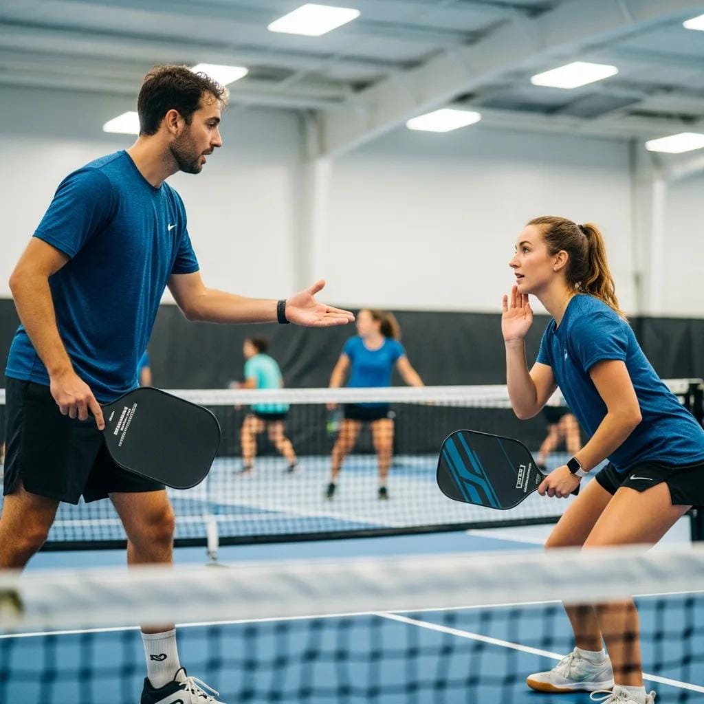 Two doubles partners communicating and moving together during a pickleball point