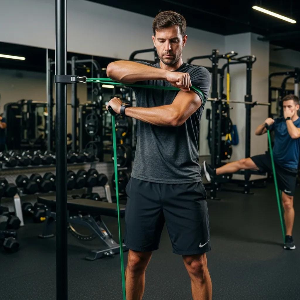 Player performing strength exercises off-court — band work, single-leg moves, and calf raises to build resilience for pickleball