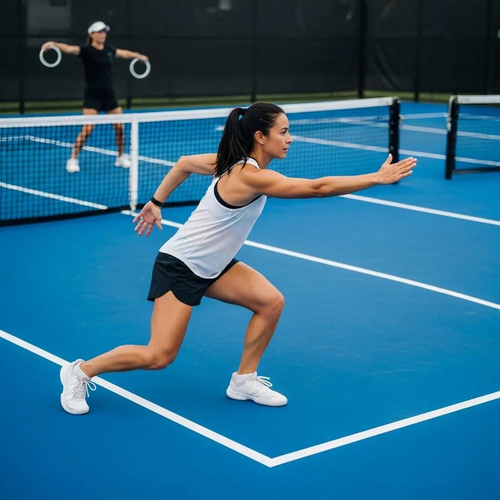 Player doing dynamic warm-up moves on court — light cardio, lateral shuffles, and paddle swings to prepare for play