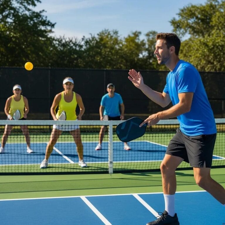 Pickleball players on a court demonstrating proper score calling etiquette during a match