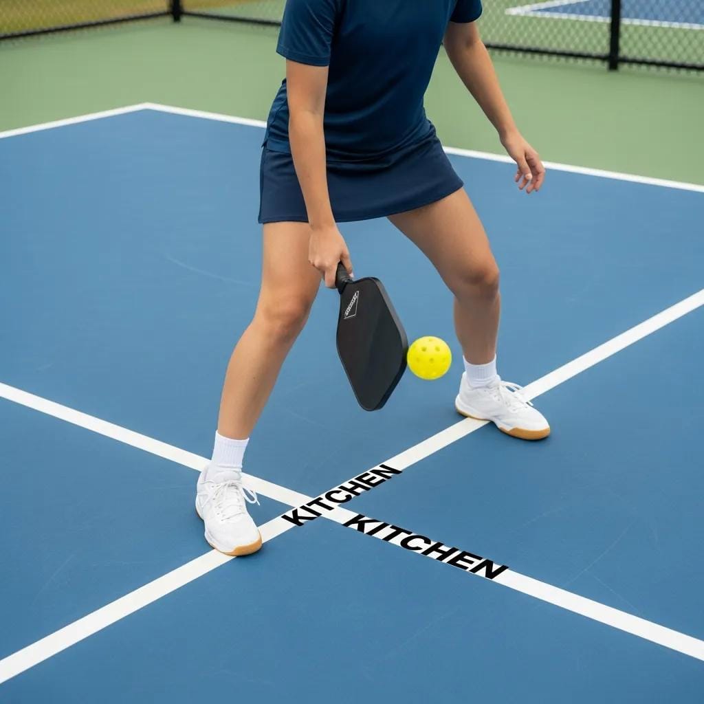 Player standing near the non-volley zone (kitchen) to demonstrate correct positioning