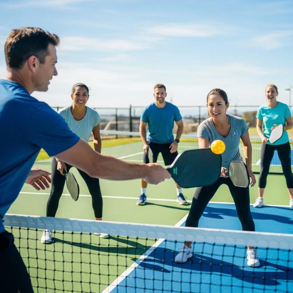 Coach showing beginner players basic pickleball strokes and court positioning