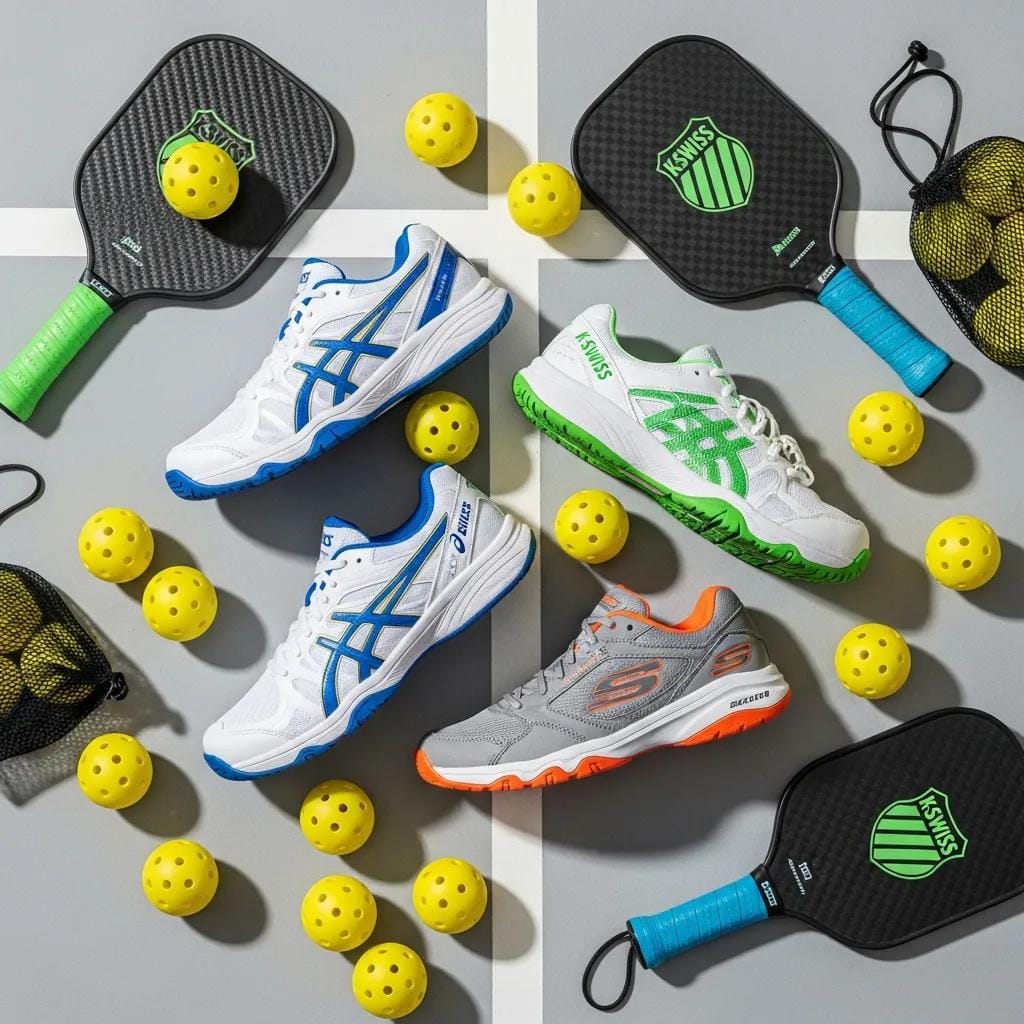 Flat lay of popular pickleball shoe brands like ASICS, K-Swiss, and Skechers with pickleball gear