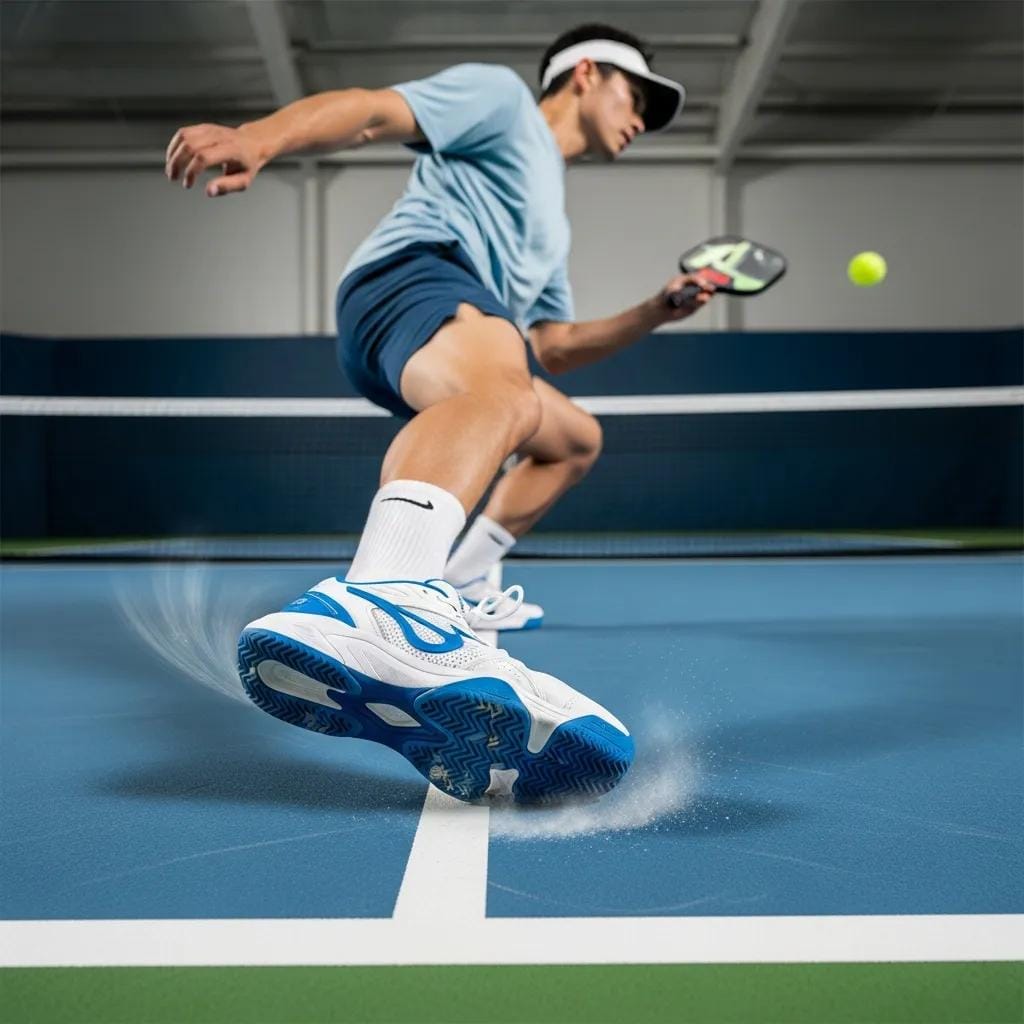 Player cutting across the court in pickleball shoes, highlighting traction and support