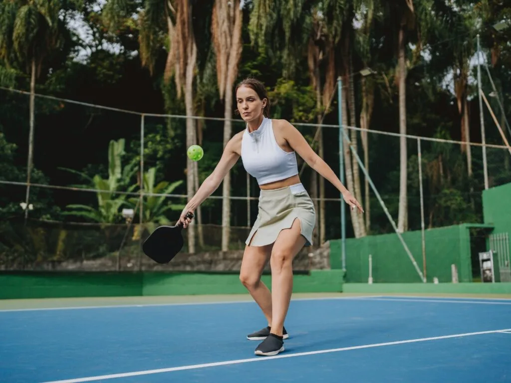 A woman in athletic wear and supportive shoes plays pickleball on an outdoor court, focused on hitting the ball with her paddle.