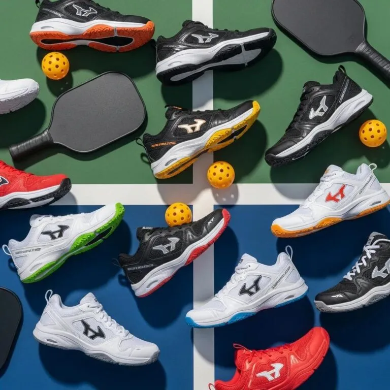 Variety of pickleball shoes for men and women displayed on a court surface, emphasizing performance and comfort