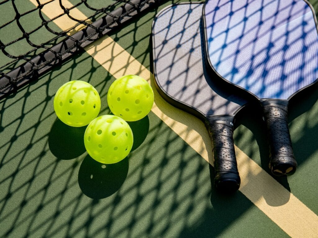Two pickleball paddles and three yellow pickleballs lie on a court next to a net, with shadows cast across the equipment&mdash;perfect for seniors enjoying the benefits of Pickleball.