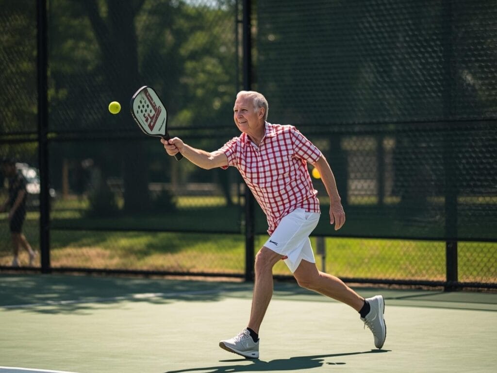 An older man wearing a red checkered shirt and white shorts plays pickleball on an outdoor court, showcasing the benefits for seniors as he prepares to hit a ball with his paddle.