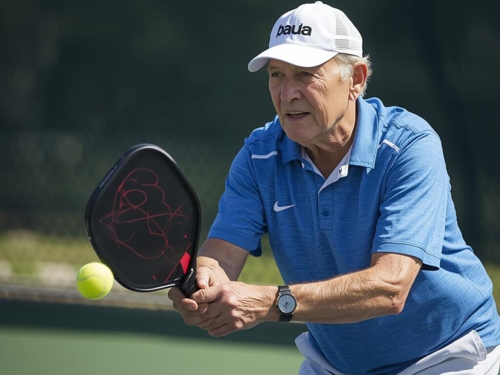 An older man in a blue polo shirt and white cap plays pickleball outdoors, highlighting the benefits of this fun sport for seniors as he prepares to hit a ball with his paddle.