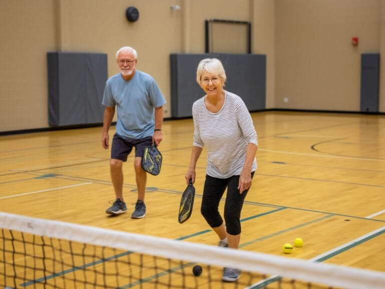 Two older adults play pickleball indoors on a gym court, both holding paddles and smiling, enjoying the benefits of pickleball for senior fitness with pickleballs on the floor near the net.