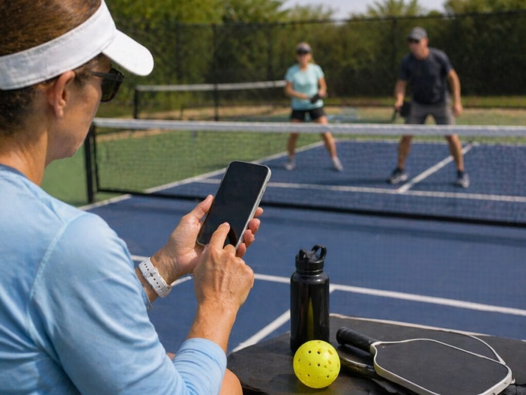 A person using a smartphone sits on the sideline of a pickleball court, perhaps checking a Pickleball guide, while two players compete and pickleball equipment rests on the bench in the foreground.