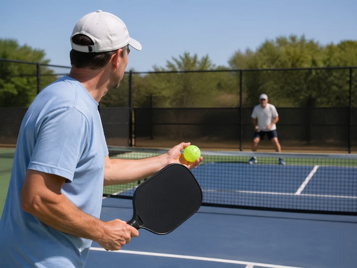 Two people play pickleball on an outdoor court; one is preparing to serve while the other stands ready, both focused on mastering pickleball as outlined in any good pickleball guide.