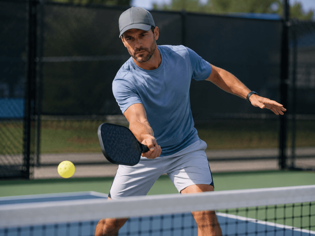 Top Dinking Drills That Improve Control and Consistency 1 Man wearing a gray cap and blue shirt playing pickleball, preparing to hit a yellow ball with a paddle—perfecting his serve with dinking drills to improve control on the outdoor court.