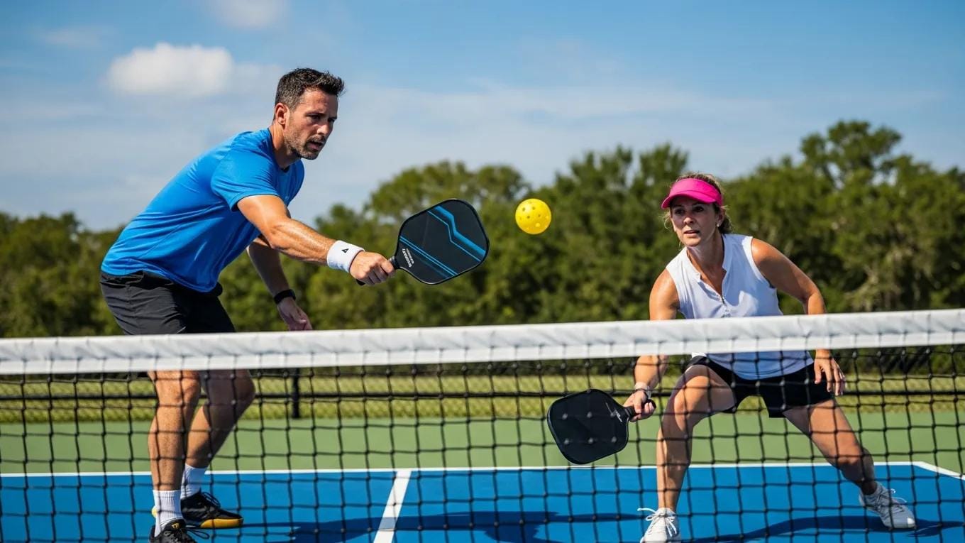 Pickleball players dinking on a sunny court, showcasing skill and precision