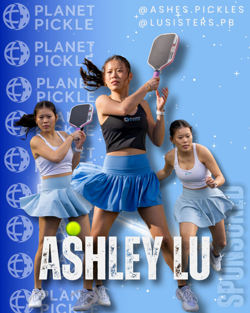 A collage of Ashley Lu playing pickleball in various action poses, wearing a black tank top and light blue skirt, with her name and social media handles displayed.