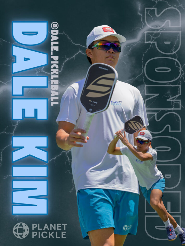 A man in sports gear holds a pickleball paddle, with "DALE KIM" and "SPONSORED" in bold text, and the Planet Pickle logo in the corner.