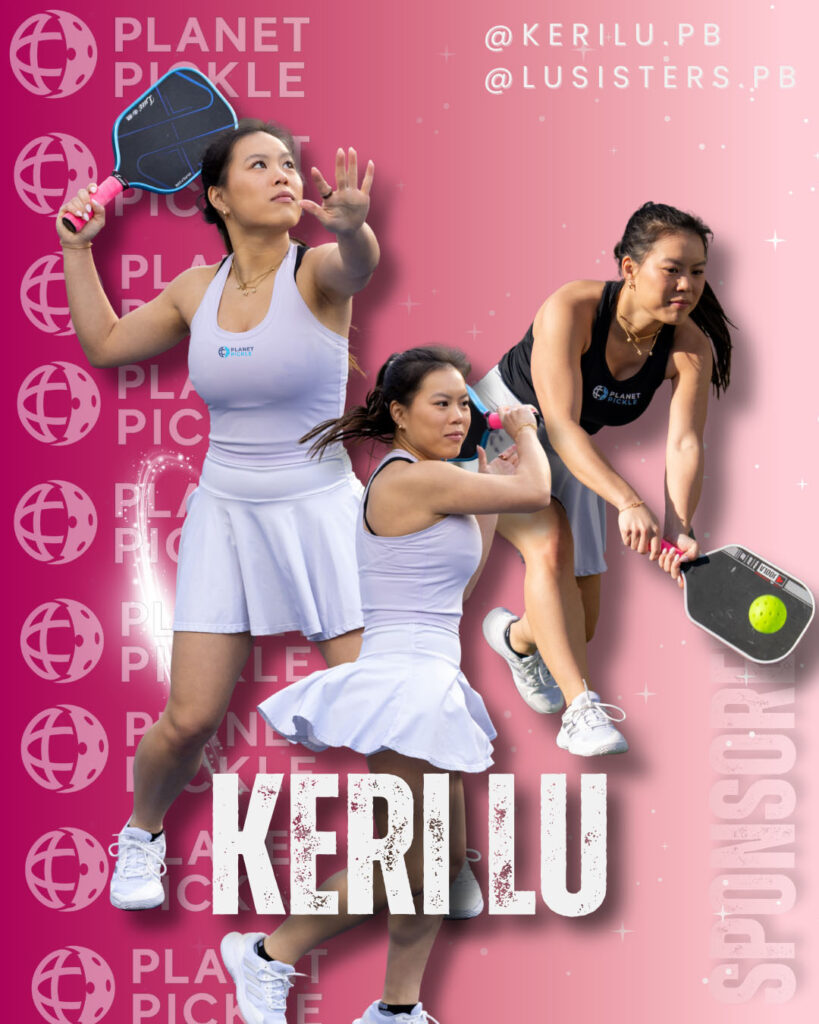 Three images of a female pickleball player in action are featured on a pink background with "Planet Pickle" logos and social media handles, with "KERILU" in bold text at the bottom.