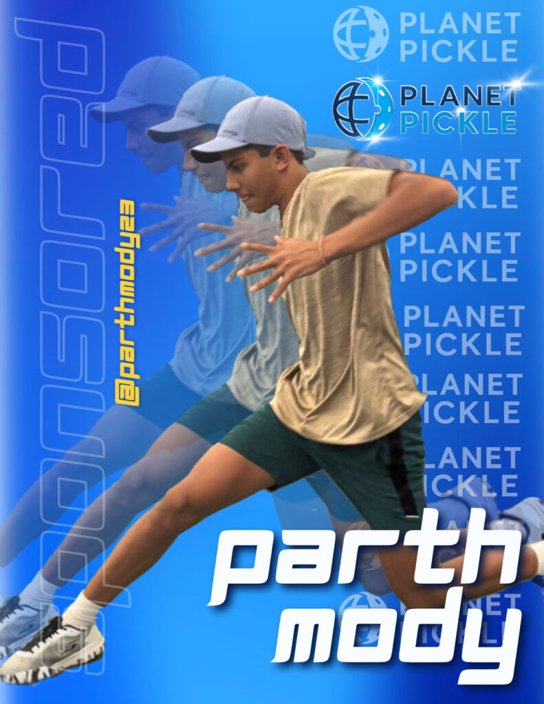 A young athlete in sportswear runs on a blue background with "Planet Pickle" logos, "Sponsored," and the name "parth mody" displayed in bold text.