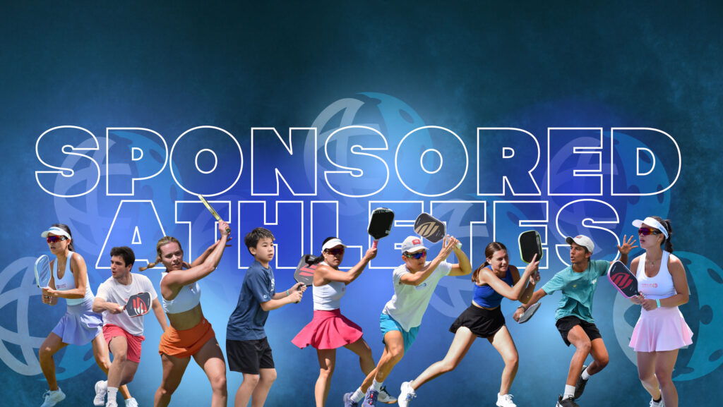 A group of athletes in sportswear hold Planet Pickleball paddles in action poses in front of a blue background with the text “SPONSORED ATHLETES.” Perfect for any Pickleball photo gallery.