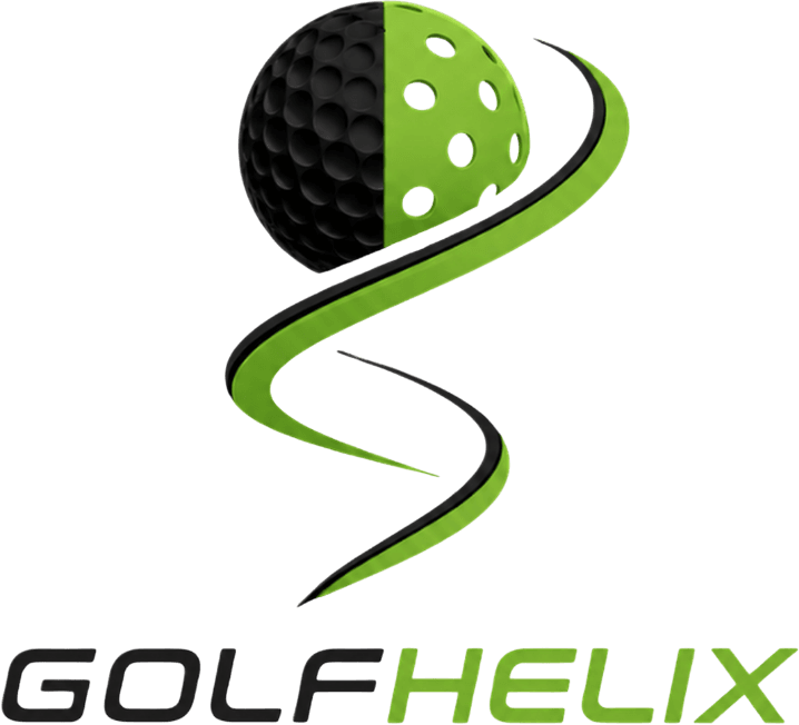 Logo with a half-black, half-green golf ball above a green and black helix shape. The words “GOLF HELIX” are written below in black and green text.