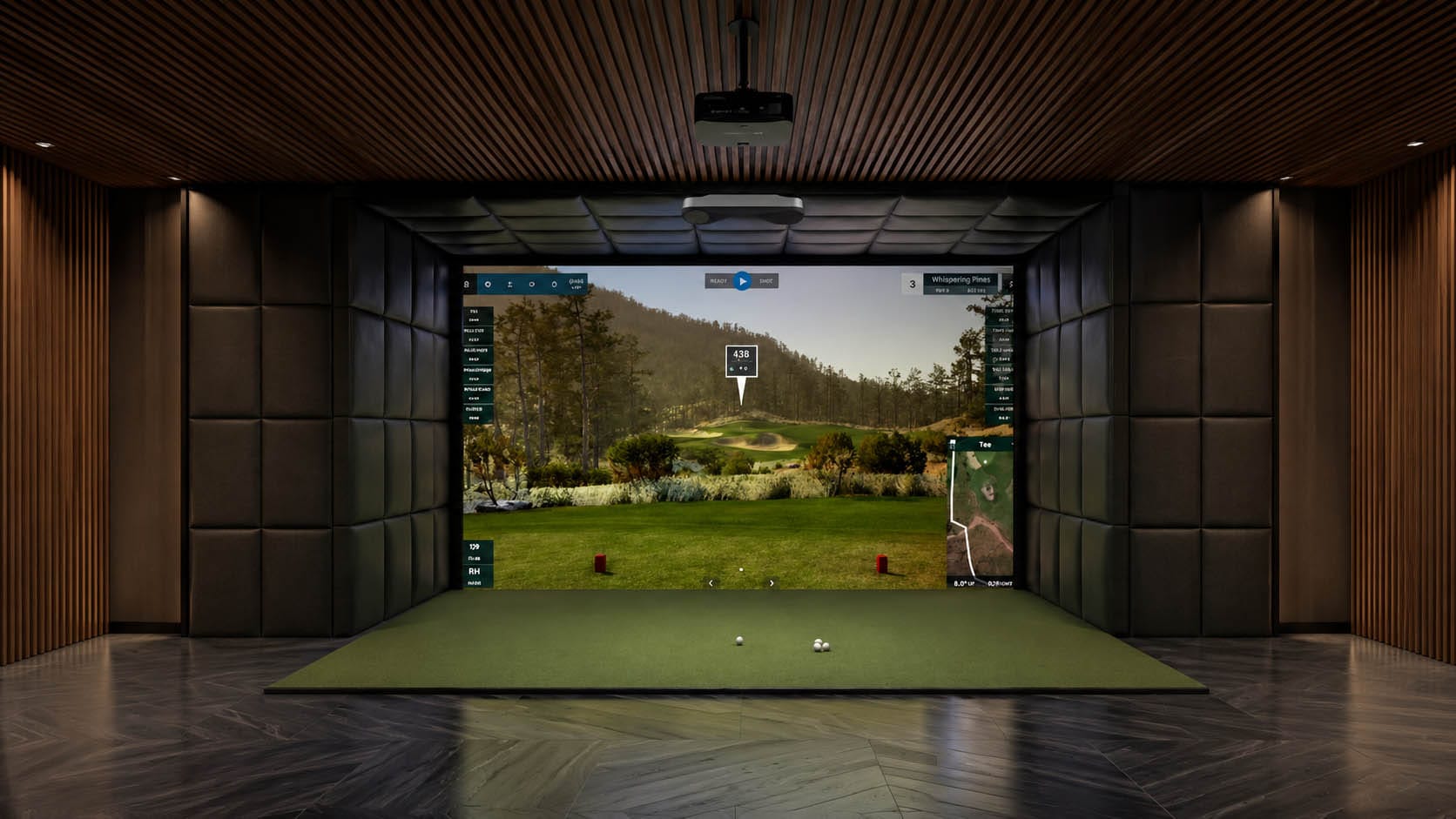 A modern golf simulator setup with a large screen showing a golf course, green turf mat, and three golf balls on a dark wood floor in a room with wood paneled walls.